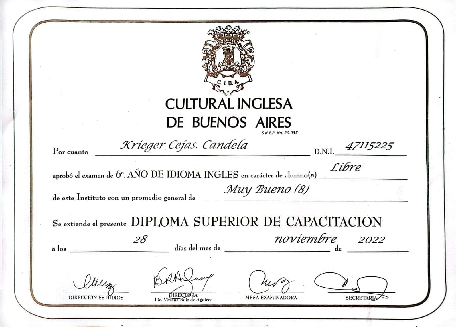 Certificado de estudios de inglés