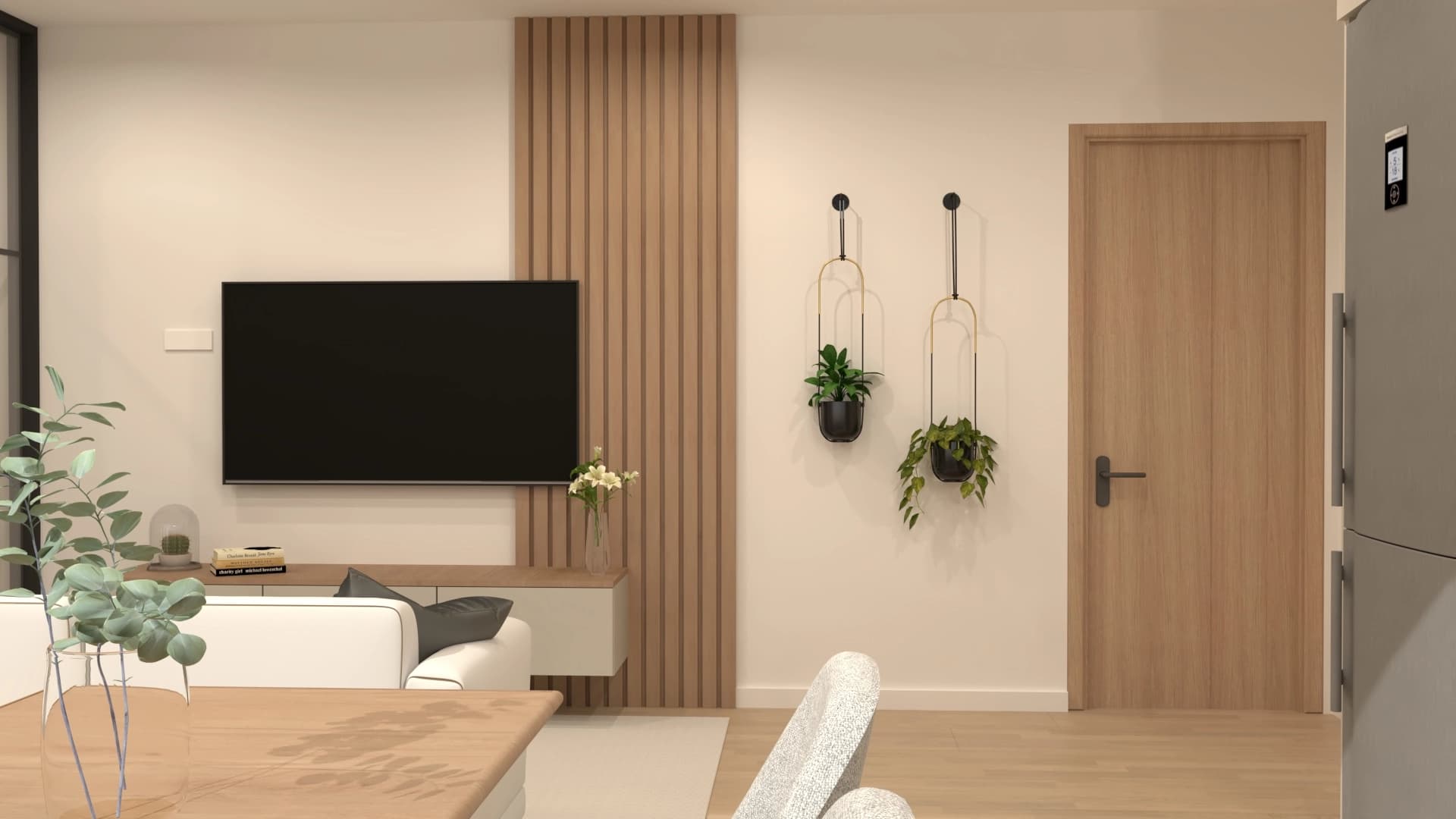 Render del living del Proyecto Serena